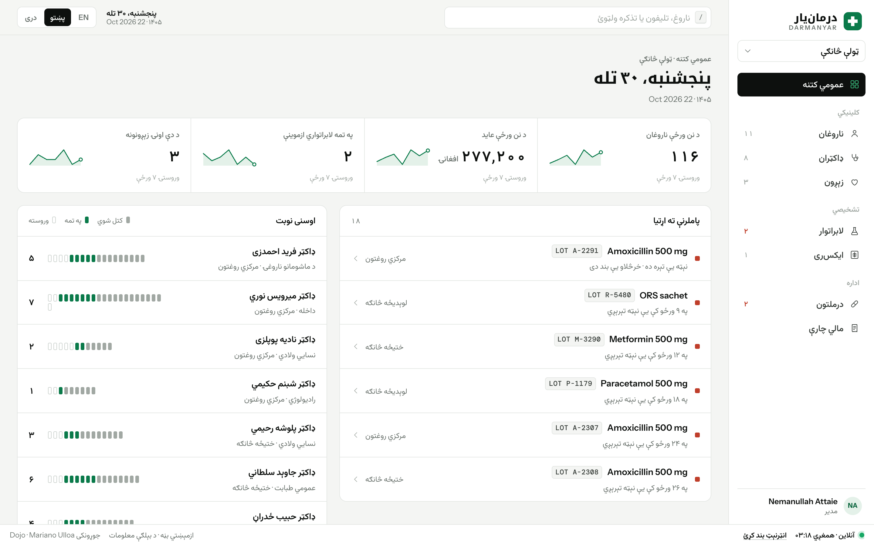 DarmanYar overview in Pashto: patients today, income in Afghani, lab tests waiting, births this week, pharmacy alerts and each doctor's queue.